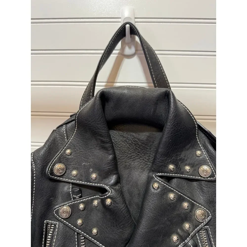 Cowgirl Trendy Moto Jacket Faux Leather Backpack w/Fringe & Silver-tone Studs